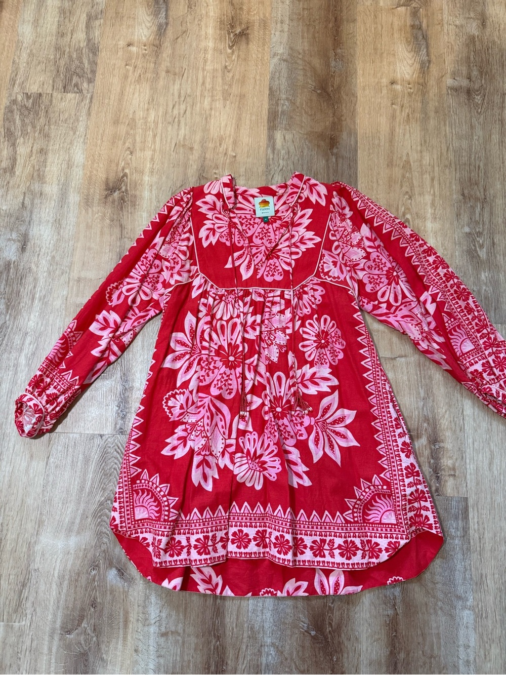 FARM Rio Red and Pink Floral Long Sleeve Tunic Dress